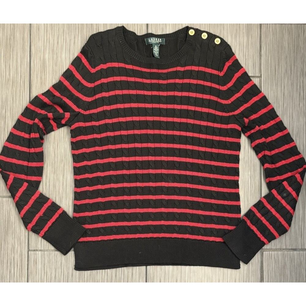 Lauren Ralph Lauren Red Black Striped Crew Neck Sweater Gold Buttons Cable Knit